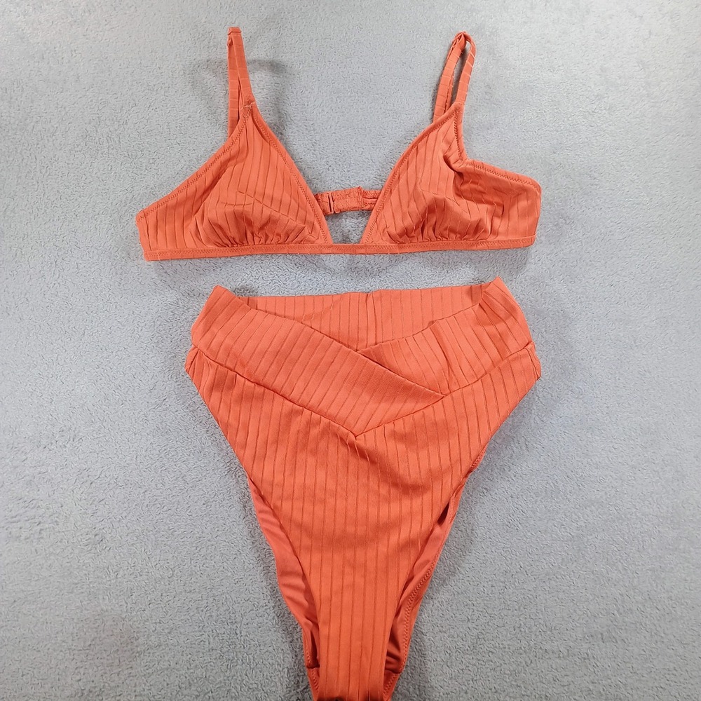 Aerie Womens Ribbed High Waisted Bikini Set Orange Medium Cheeky High Cut